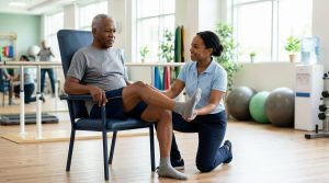 Elderly man performing hip replacement physical therapy at Centennial PT in Spokane.