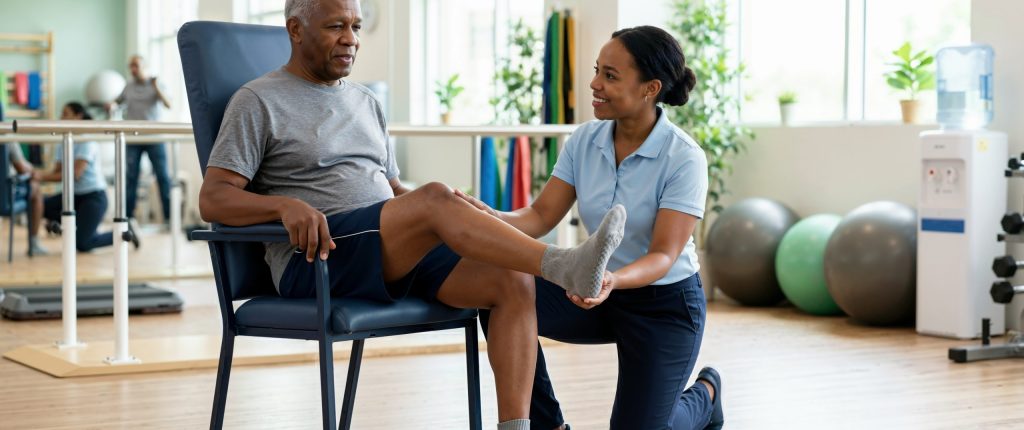 Elderly man performing hip replacement physical therapy at Centennial PT in Spokane.